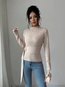 Elenzga Women's Solid Color Semi-High Neck Waist-Cinching Knit Metal Buckle Tie-Up Slim Fit Flattering Ruched Long Sleeve Base Layer Elegant Mature Minimalist Knit Top - Khaki - View 5