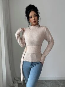 Elenzga Women's Solid Color Semi-High Neck Waist-Cinching Knit Metal Buckle Tie-Up Slim Fit Flattering Ruched Long Sleeve Base Layer Elegant Mature Minimalist Knit Top - Khaki - View 6