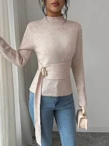 Elenzga Women's Solid Color Semi-High Neck Waist-Cinching Knit Metal Buckle Tie-Up Slim Fit Flattering Ruched Long Sleeve Base Layer Elegant Mature Minimalist Knit Top - Khaki - View 1