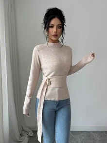 Elenzga Women's Solid Color Semi-High Neck Waist-Cinching Knit Metal Buckle Tie-Up Slim Fit Flattering Ruched Long Sleeve Base Layer Elegant Mature Minimalist Knit Top - Khaki - View 4