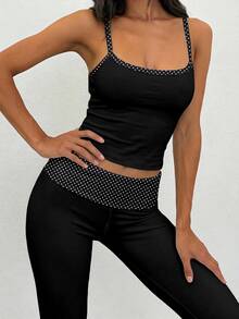 SHEIN EZwear 夏季新款复古波点印花撞色吊带背心和裤子套装，适合春夏外出，时尚别致，Y2K风格，户外居家皆宜。 - 彩色 - 查看 4