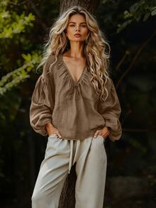 SHEIN PETITE Women's V-Neck Long Sleeve Solid Color Ruched Design Casual Boho Daily Vacation Blouse Shirt Vacation Khaki Autumn - Brown - View 5