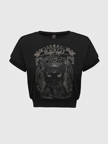 ROMWE Hippie Summer Casual Cat & Letter Graphic Tee - Black - View 1