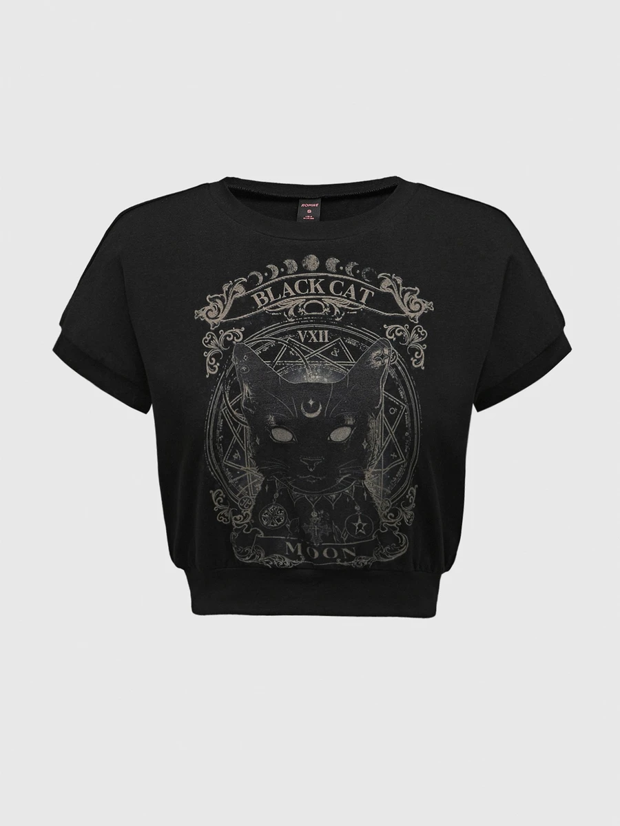 ROMWE Hippie Summer Casual Cat & Letter Graphic Tee - Black - View 1