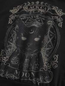 ROMWE Hippie Summer Casual Cat & Letter Graphic Tee - Black - View 3