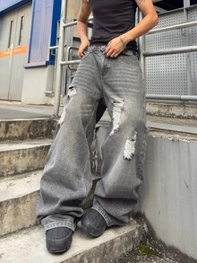 Manfinity EMRG 男士 Y2K 復古灰色破洞磨損寬腿牛仔褲 寬鬆街頭風破壞風長褲 - 淺灰色 - 查看 4