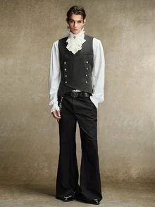 ROMWE MEN Street Life Men's Gothic Striped Napoleon Style Vest - Black - View 5