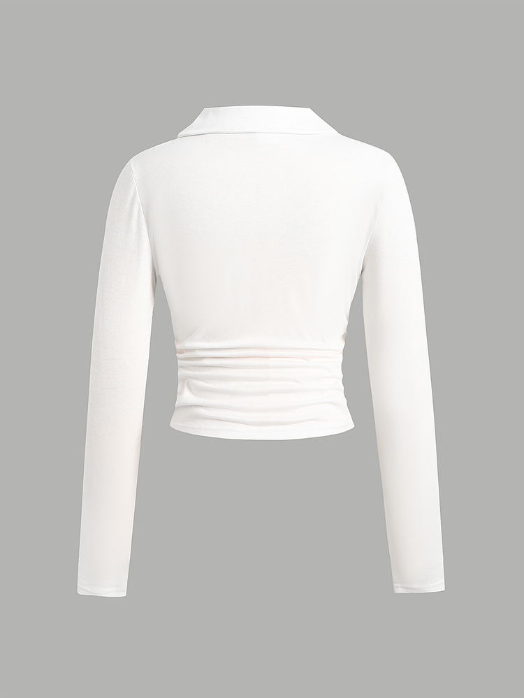 SHEIN Kids Tween Girl Printed Knit White Polo Collar Casual Long Sleeve T-Shirt, Back To School - White - View 4