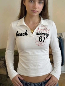 SHEIN 兒童青少年女孩印花針織白色 Polo 領休閒長袖 T 恤，返校季 - 白色 - 查看 2