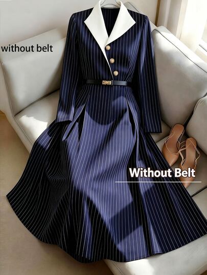 GlowEve CURVE Women's Navy Blue Vertical Striped Lapel Collar Long Sleeve Dress, Contrast Lapel Metal Button Cinched Waist Flared Midi Dress, Office Commute Luxury Style Formal Dress