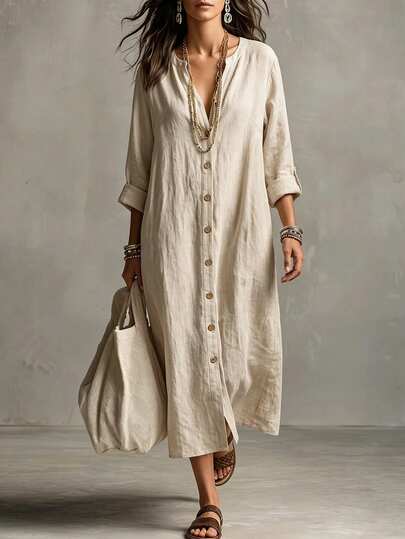 Zayélia Women's Round Neck Single-Breasted Loose Faux Linen Shirt Dress, Long Sleeve With Roll-Up Cuffs, Bohemian Style, Vacation Casual Everyday Slimming Long Dress