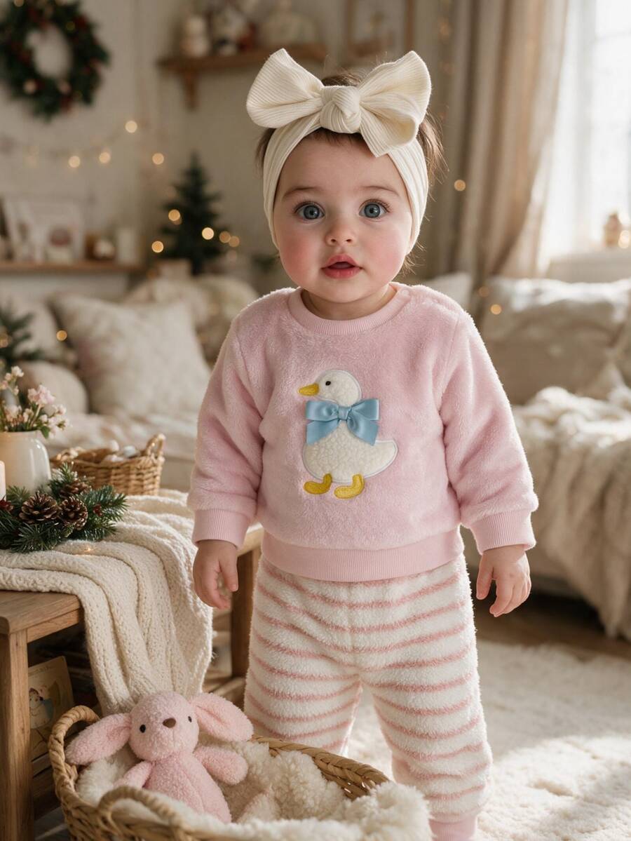 SHEIN 2件組幼女抓絨上衣+長褲,可愛甜美粉色鴨子刺繡蝴蝶結羅紋條紋長袖圓領加厚款,適合冬季秋季聖誕節保暖舒適 - 淺粉色 - 查看 1