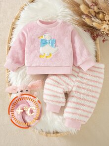 SHEIN 2件組幼女抓絨上衣+長褲，可愛甜美粉色鴨子刺繡蝴蝶結羅紋條紋長袖圓領加厚款，適合冬季秋季聖誕節保暖舒適 - 淺粉色 - 查看 5