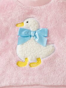 SHEIN 2件組幼女抓絨上衣+長褲，可愛甜美粉色鴨子刺繡蝴蝶結羅紋條紋長袖圓領加厚款，適合冬季秋季聖誕節保暖舒適 - 淺粉色 - 查看 8