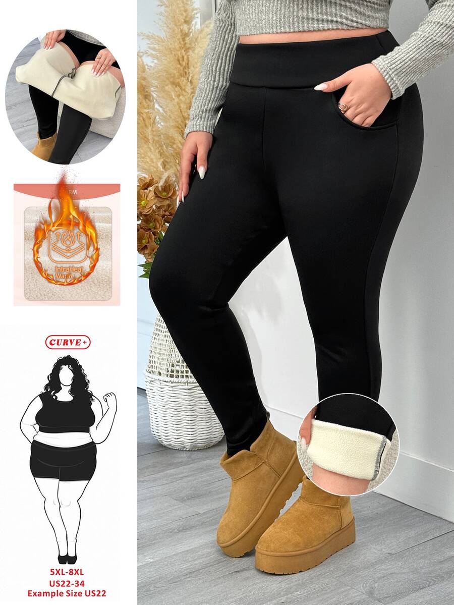 SHEIN CURVE+ 大尺碼加厚抓絨內裡黑色緊身褲 秋季保暖 外出居家沙灘休閒寬鬆復古 - 黑色 - 查看 1
