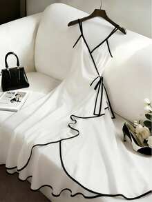 EMERY ROSE Women's Elegant Contrast Color Trim Tie-Wrap Camisole Dress, Summer - White - View 5