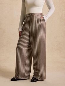 SHEIN LUNE CURVE Plus Size Women's Elegant Commuter Style Vertical White Long Pants With Button Decor Elastic Waist Suitable For Office Casual Business Meetings Autumn - Coffee Brown - View 3
