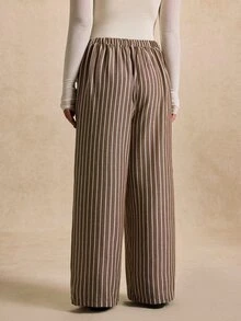 SHEIN LUNE CURVE Plus Size Women's Elegant Commuter Style Vertical White Long Pants With Button Decor Elastic Waist Suitable For Office Casual Business Meetings Autumn - Coffee Brown - View 2