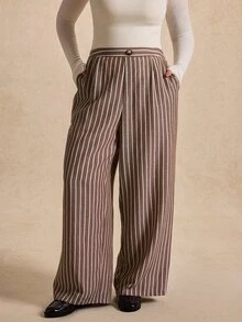 SHEIN LUNE CURVE Plus Size Women's Elegant Commuter Style Vertical White Long Pants With Button Decor Elastic Waist Suitable For Office Casual Business Meetings Autumn - Coffee Brown - View 4