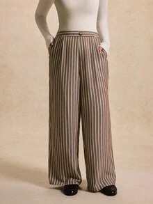 SHEIN LUNE CURVE Plus Size Women's Elegant Commuter Style Vertical White Long Pants With Button Decor Elastic Waist Suitable For Office Casual Business Meetings Autumn - Coffee Brown - View 6