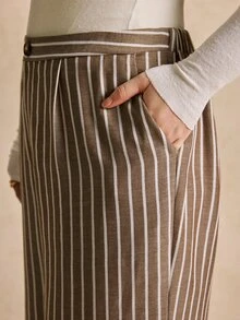 SHEIN LUNE CURVE Plus Size Women's Elegant Commuter Style Vertical White Long Pants With Button Decor Elastic Waist Suitable For Office Casual Business Meetings Autumn - Coffee Brown - View 7