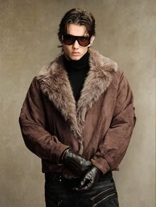 ROMWE MEN Men's Faux Fur Patchwork Large Collar Parka Long Sleeve Jacket - Coffee Brown - View 5