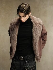 ROMWE MEN Men's Faux Fur Patchwork Large Collar Parka Long Sleeve Jacket - Coffee Brown - View 4