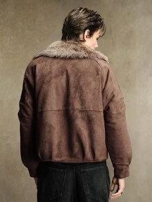 ROMWE MEN Men's Faux Fur Patchwork Large Collar Parka Long Sleeve Jacket - Coffee Brown - View 3