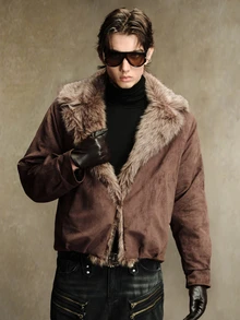 ROMWE MEN Men's Faux Fur Patchwork Large Collar Parka Long Sleeve Jacket - Coffee Brown - View 7