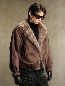 ROMWE MEN Men's Faux Fur Patchwork Large Collar Parka Long Sleeve Jacket - Coffee Brown - View 8
