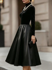 Balvessa Gaun A-Line Wanita Elegan Warna Polos Beludru dengan Sambungan Satin di Pinggang untuk Musim Gugur/Dingin, Cocok untuk Berbagai Acara - Hitam - View 5