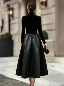 Balvessa Gaun A-Line Wanita Elegan Warna Polos Beludru dengan Sambungan Satin di Pinggang untuk Musim Gugur/Dingin, Cocok untuk Berbagai Acara - Hitam - View 2