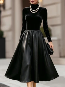 Balvessa Gaun A-Line Wanita Elegan Warna Polos Beludru dengan Sambungan Satin di Pinggang untuk Musim Gugur/Dingin, Cocok untuk Berbagai Acara - Hitam - View 1