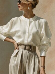 Balvessa Women's Autumn/Winter Beige Elegant Commute Versatile Stand Collar Open Front Blouse - White - View 3