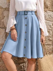 EMERY ROSE Women's Casual Daily Wear Skirt With Button Decor - Blue - View 3
