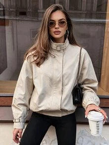 Avenya Minimalist Casual Style Stand Collar Adjustable Strap Design Zipper Jacket Everyday Beige Fall/Winter Casual Tailored Basic Winter Jacket Autumn - Khaki - View 4