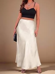 SHEIN Clasi Plus Size Women's Long Solid Color Elegant Satin Skirt Fall - Multicolor - View 3