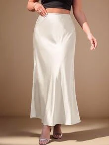 SHEIN Clasi Plus Size Women's Long Solid Color Elegant Satin Skirt Fall - Multicolor - View 4
