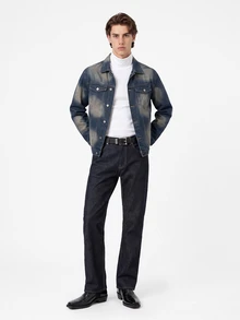 Manfinity Homme 寬鬆男士水洗牛仔夾克,帶翻蓋口袋,無帽款 - 中等水洗藍 - 查看 1
