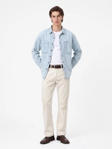 Manfinity Homme Men Summer Drop Shoulder Long Sleeve Loose Casual Denim Shirt With Pocket - Light Wash - View 1