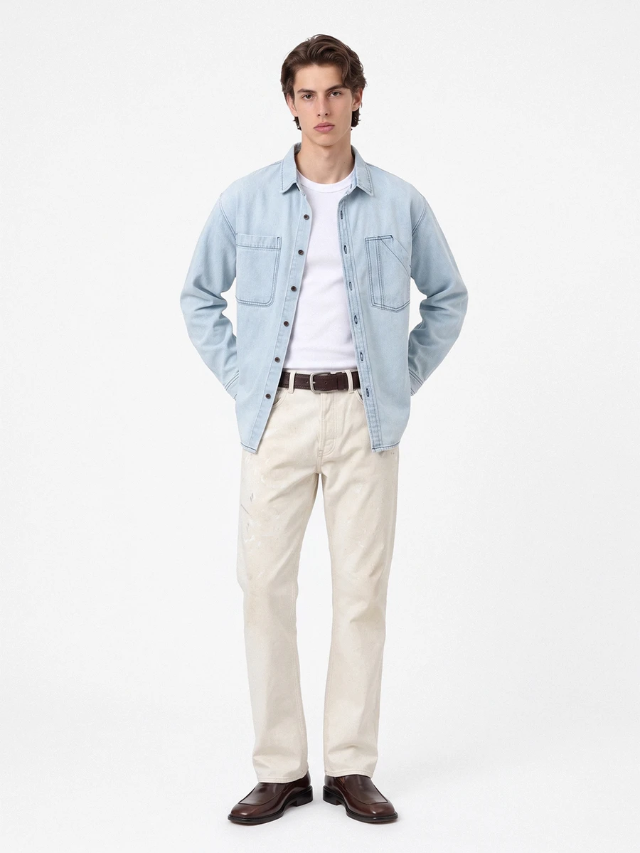 Manfinity Homme Men Summer Drop Shoulder Long Sleeve Loose Casual Denim Shirt With Pocket - Light Wash - View 1