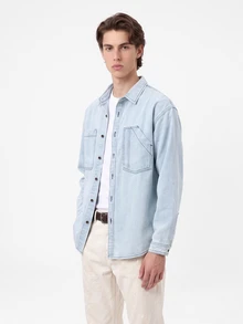 Manfinity Homme Men Summer Drop Shoulder Long Sleeve Loose Casual Denim Shirt With Pocket - Light Wash - View 5