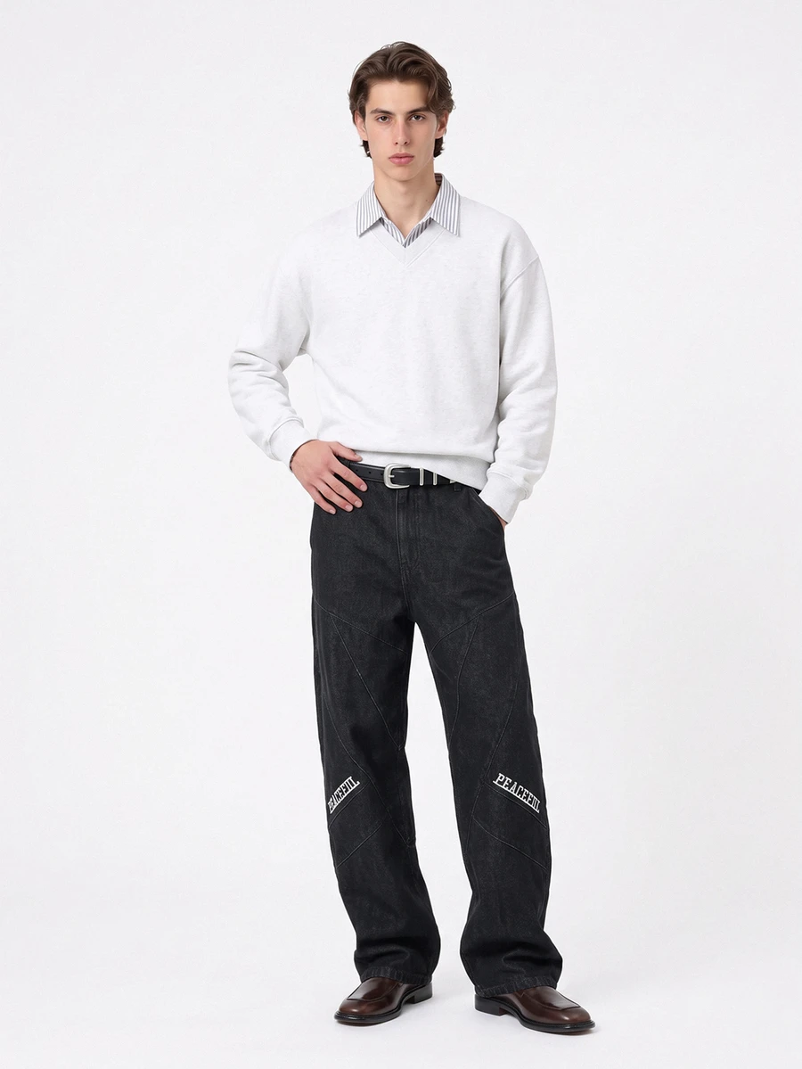 Manfinity Homme Men's Letter Printed Wide Leg Loose Fit Denim Jeans With Pockets - Black - View 1