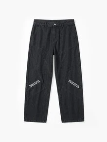 Manfinity Homme Men's Letter Printed Wide Leg Loose Fit Denim Jeans With Pockets - Black - View 3