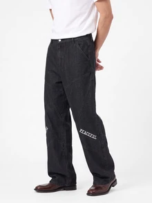Manfinity Homme Men's Letter Printed Wide Leg Loose Fit Denim Jeans With Pockets - Black - View 5