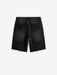 PAVTROS Shorts vaqueros sueltos y casuales con dobladillo crudo, estilo emo - Negro - Ver 3