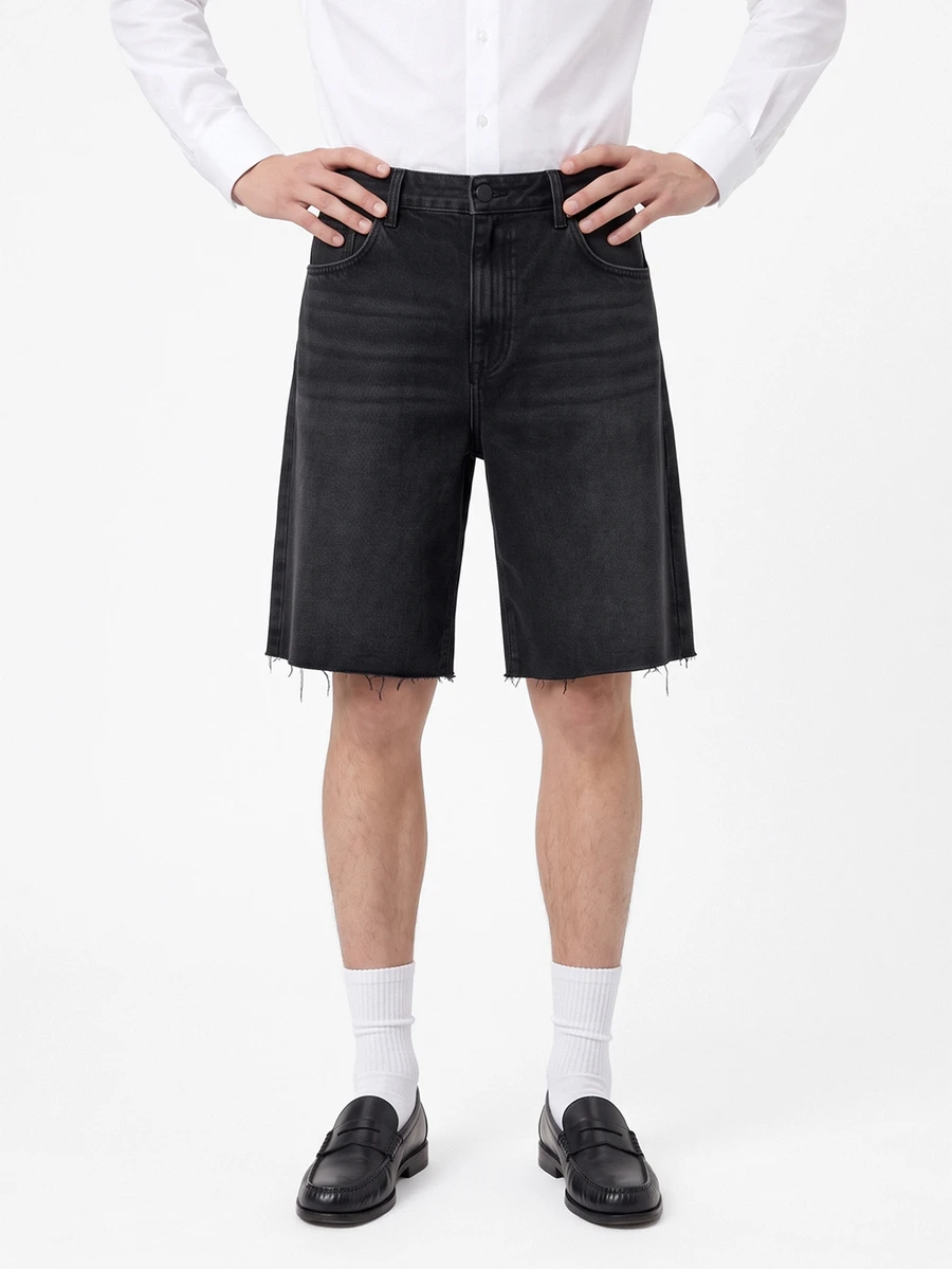 PAVTROS Shorts vaqueros sueltos y casuales con dobladillo crudo, estilo emo - Negro - Ver 1