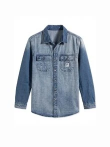 Manfinity Homme 1pc Men Casual Everyday Button-Up Washed Denim Shirt, Autumn - Dark Wash - View 5