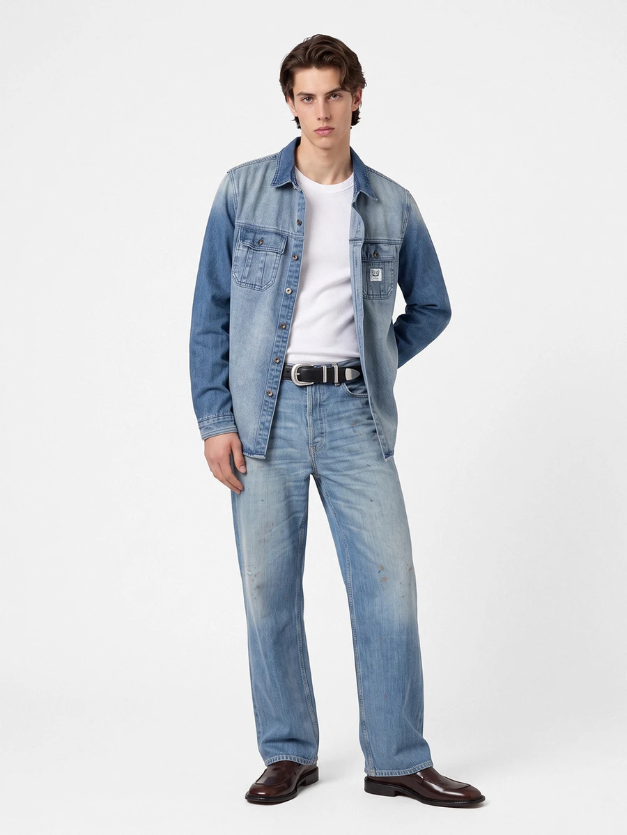 Manfinity Homme 1pc Men Casual Everyday Button-Up Washed Denim Shirt, Autumn - Dark Wash - View 1