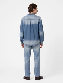 Manfinity Homme 1pc Men Casual Everyday Button-Up Washed Denim Shirt, Autumn - Dark Wash - View 2